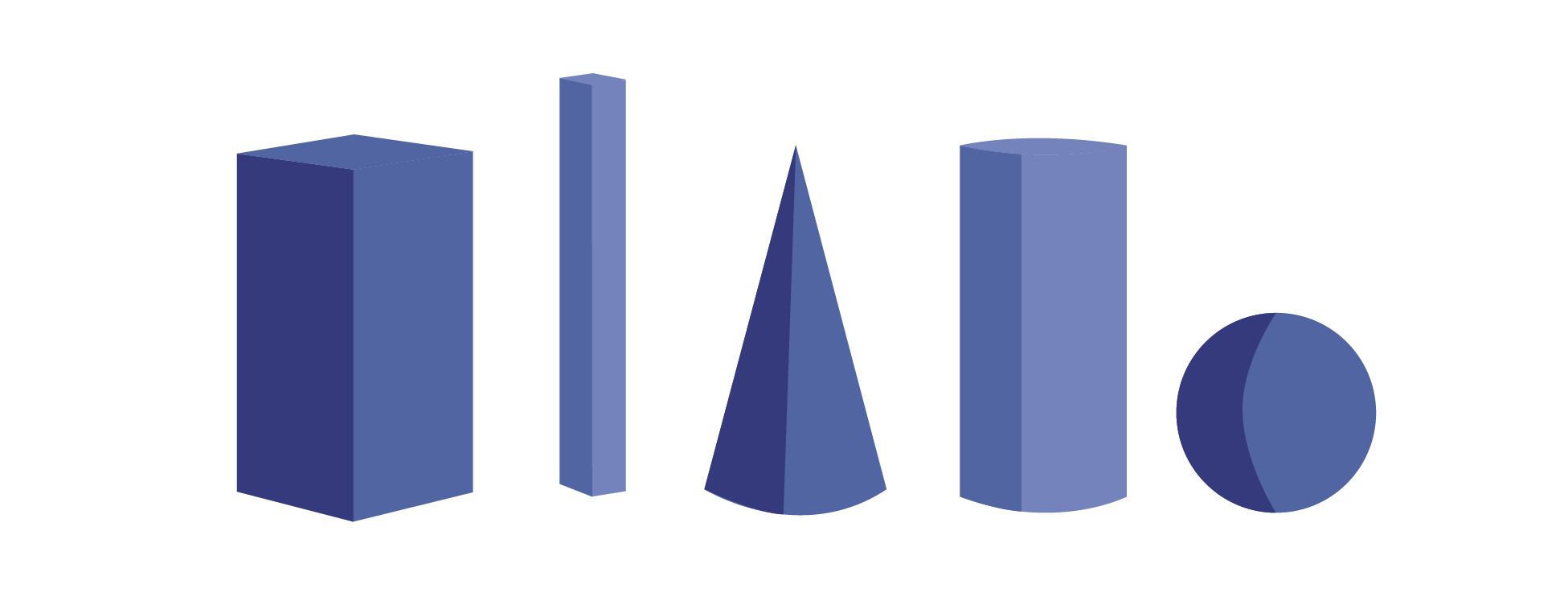 financial advisor across accounts 3-D drawings of 2 rectangular prisms, a cone, a cylinder, and a sphere.