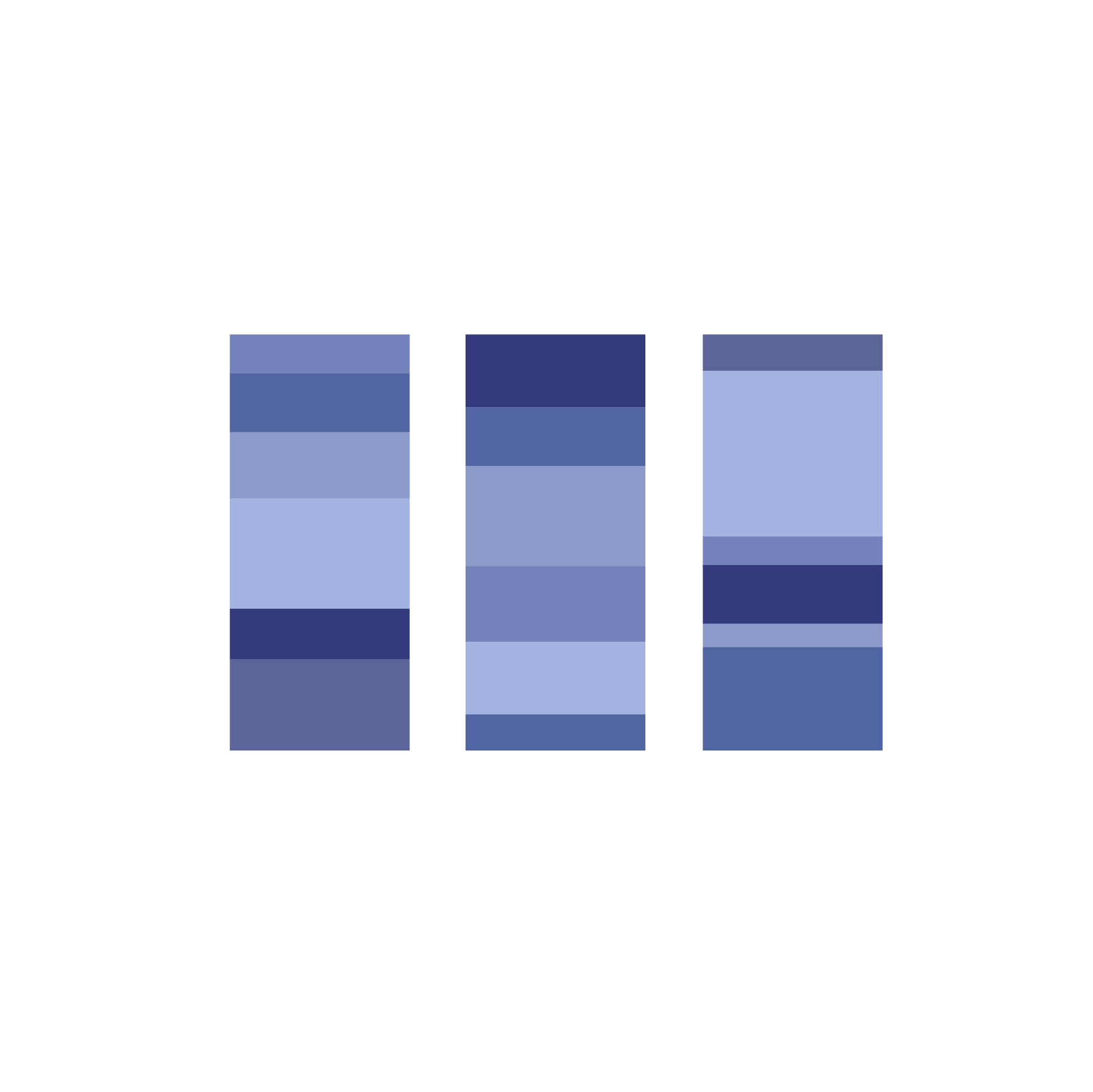 Retirement planning diversification 3 rectangles filled with smaller rectangles of different colors.