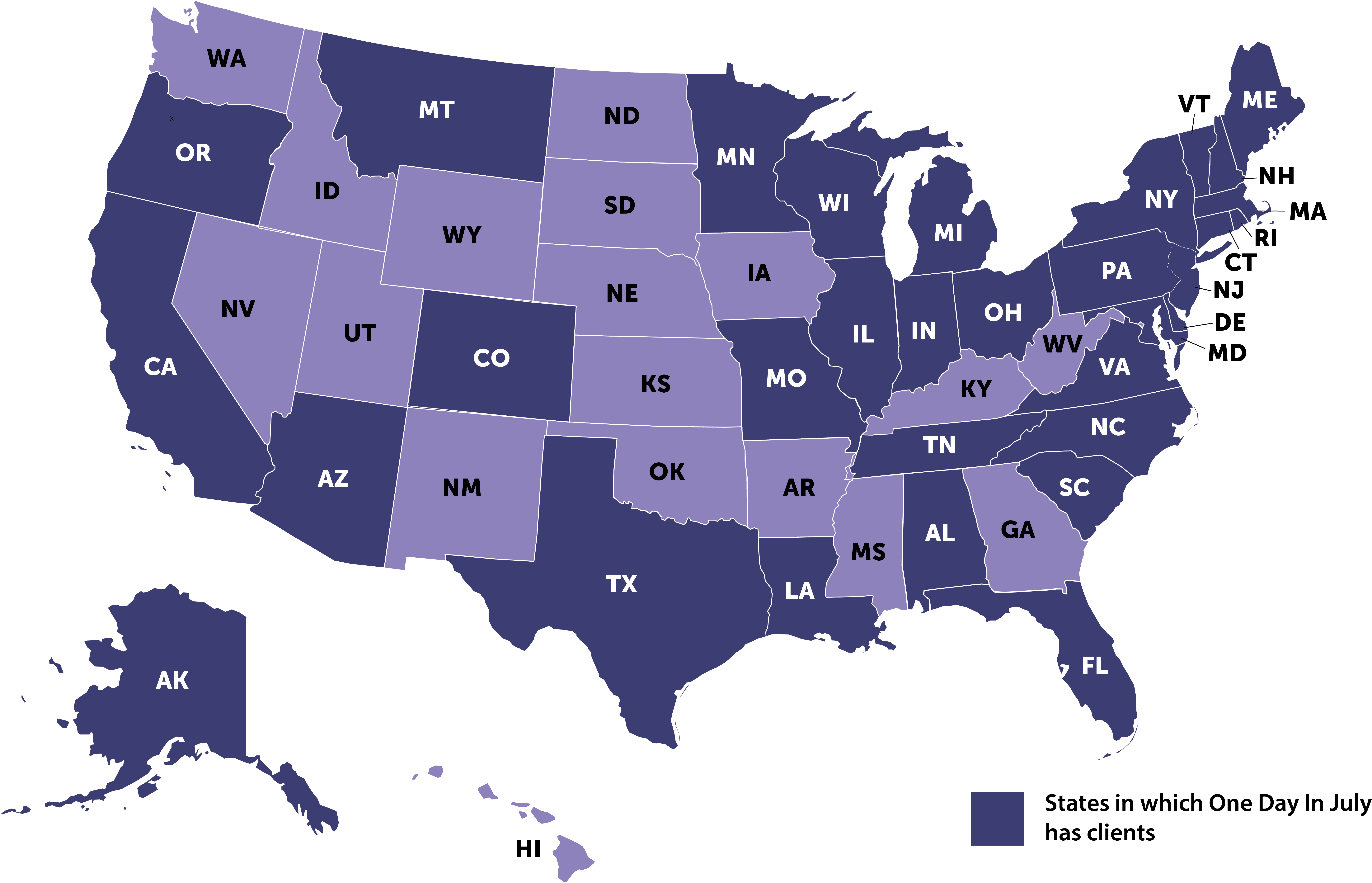 Map of the United States displaying states in which One Day In July has clients.