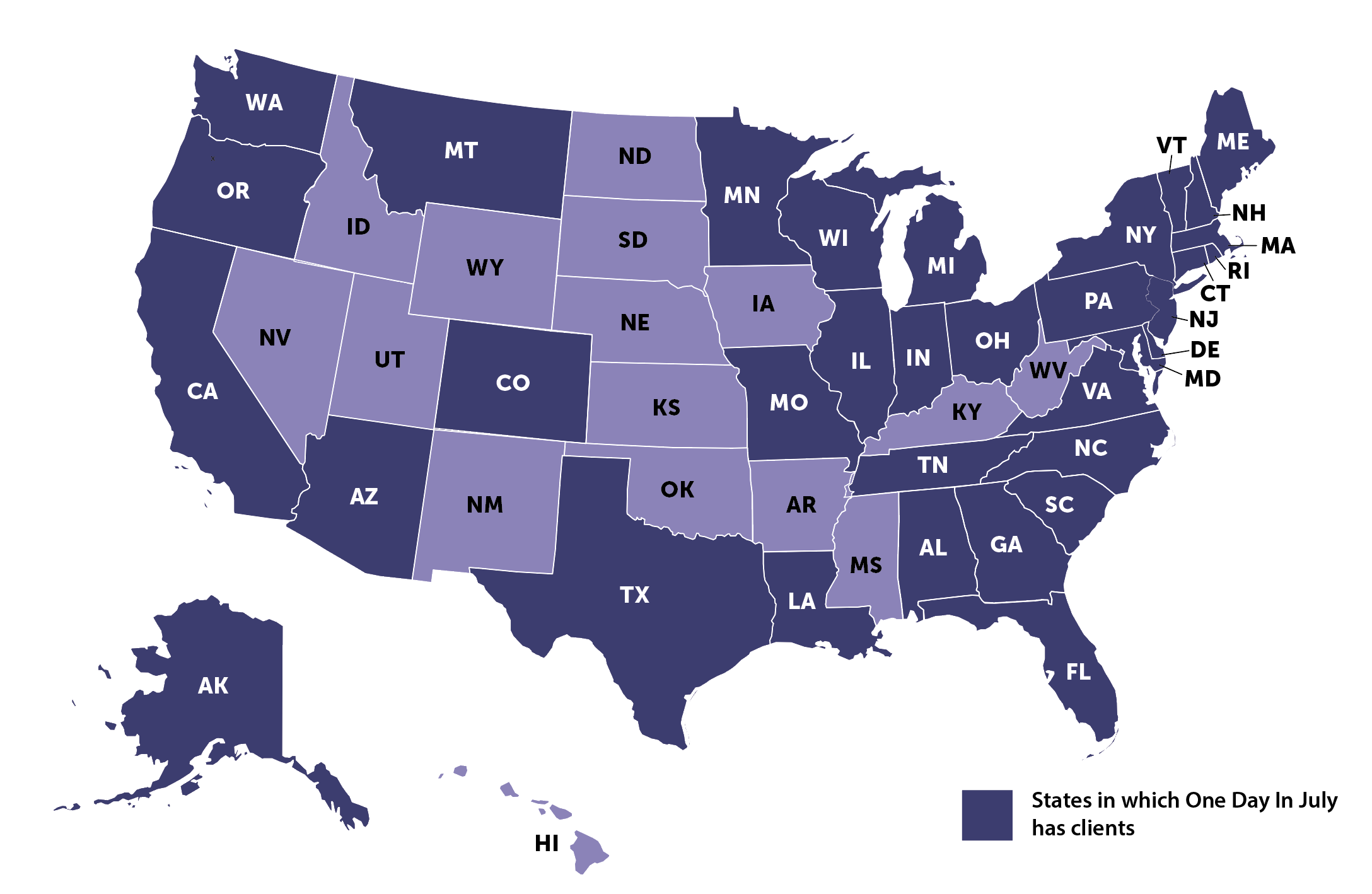 Map showing the states One Day In July has clients in - 35 states filled in.