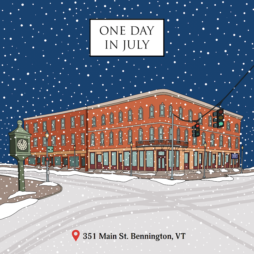 Drawing of a downtown Bennington, VT in the winter