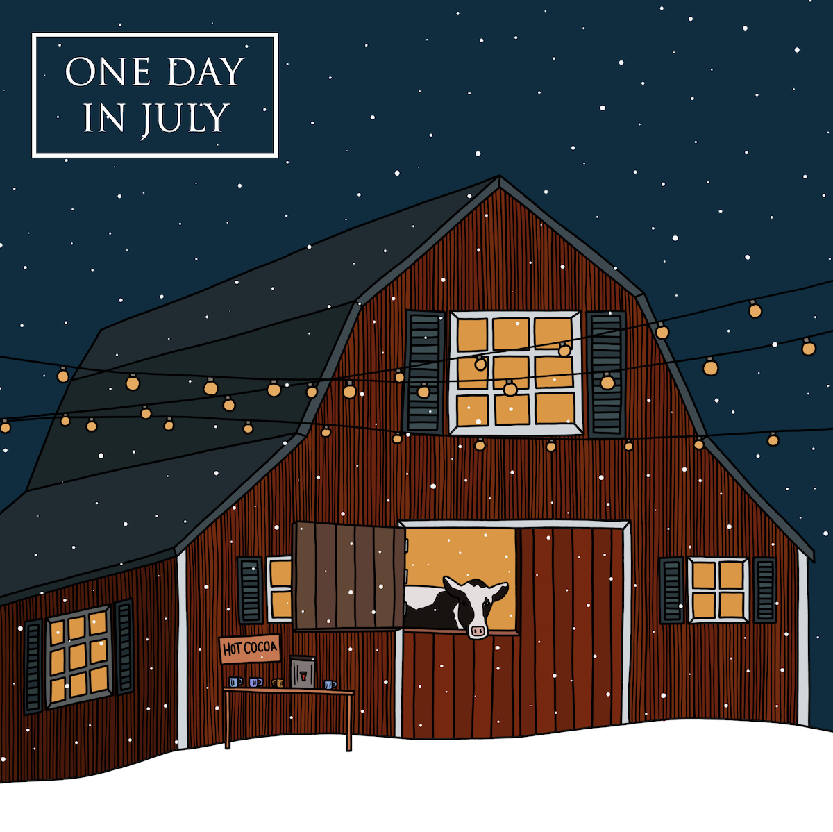 Drawing of a winter barn with cow, string lights, and hot cocoa