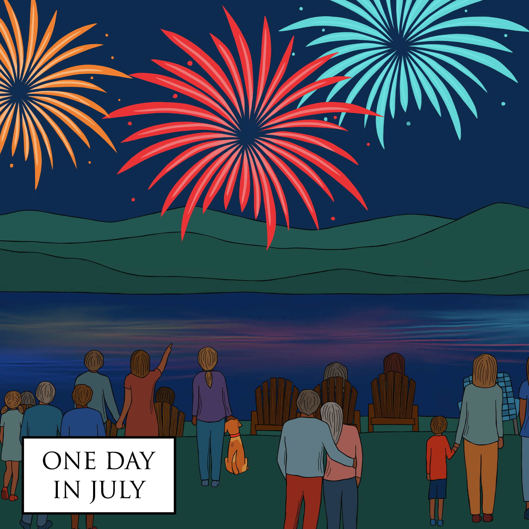 Drawing of people looking at fireworks over Lake Champlain