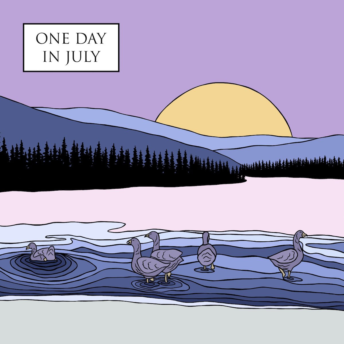 Drawing of ducks on a semi frozen lake