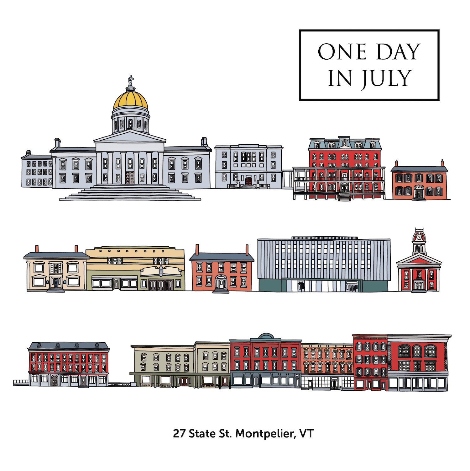 Drawing of buildings on State Street in Montpelier VT.