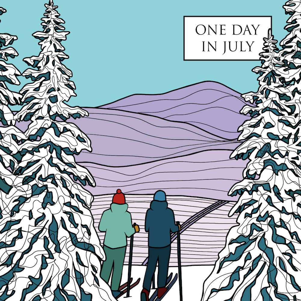 Drawing of two skiers on a snowy hillside