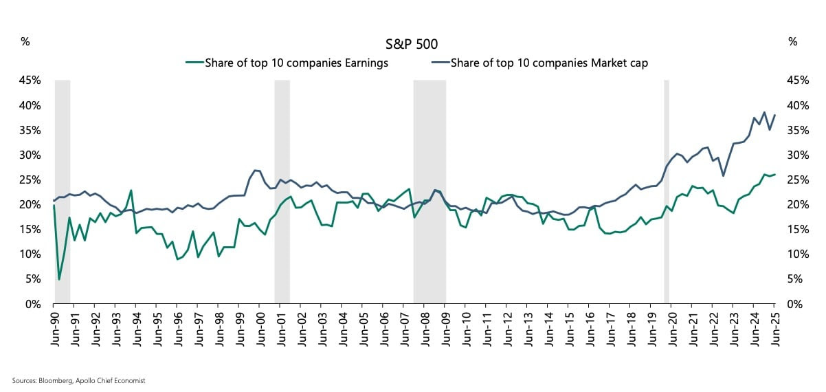 Chart showing the share of the share of the top 10 companies earnings, and the share of the top 10 companies market cap within the S&P 500 from June 1990 to June 2025.