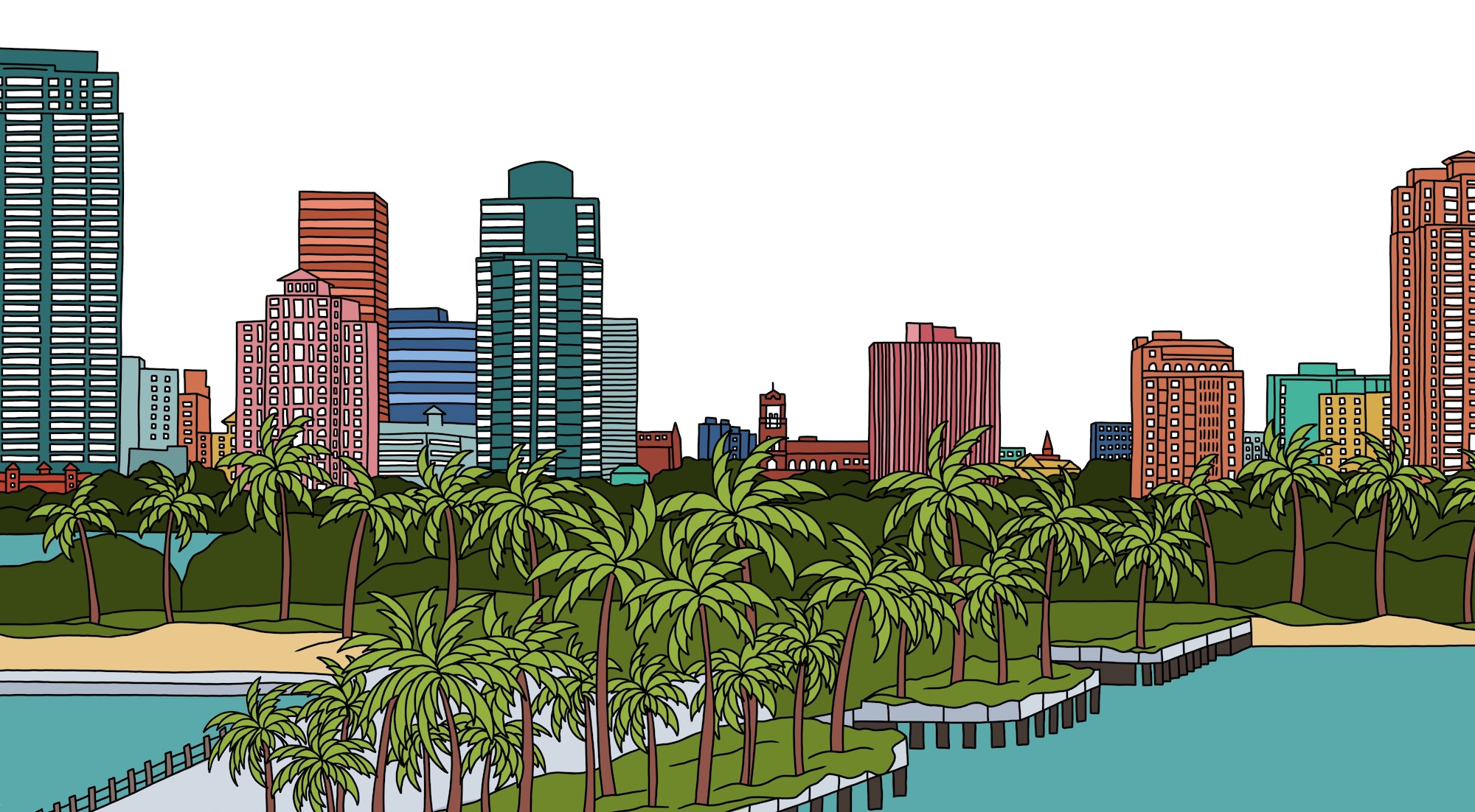 Drawing of the St. Petersburg, FL waterfront with buildings behind it